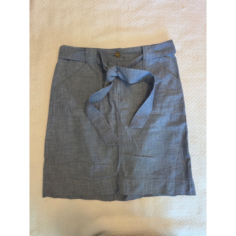 Talbots Blue Chambray Tie Waist Mini Skirt Size 6 A-Line Cotton Pockets